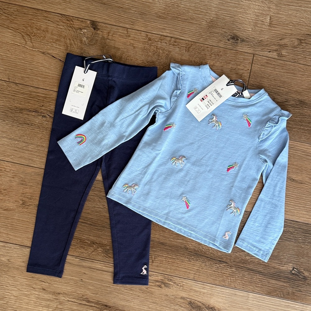 Joules Blue Embroidered Unicorn and Rainbow Top with Navy Leggings